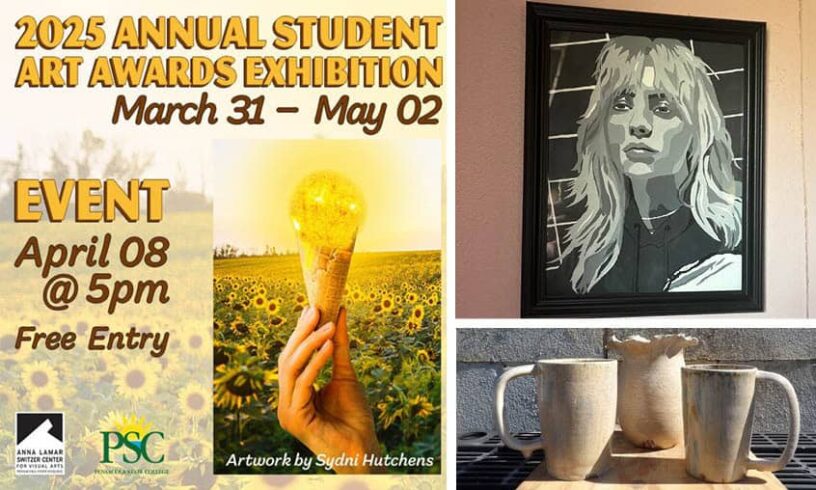 Art exhibition poster featuring sunflower and ice cream cone for student awards event.