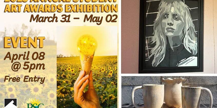 Art exhibition poster featuring sunflower and ice cream cone for student awards event.