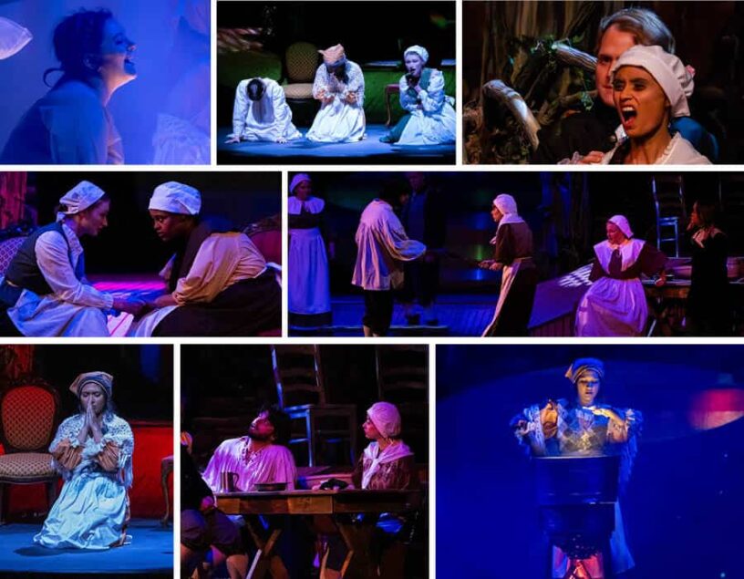 Performing arts students in costume during a scene from “The Crucible” play at Pensacola State Colle.