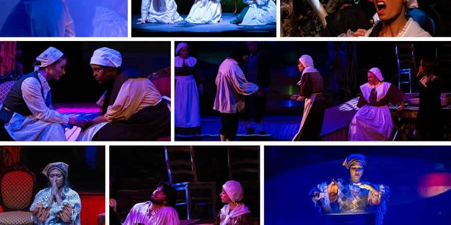 Performing arts students in costume during a scene from “The Crucible” play at Pensacola State Colle.