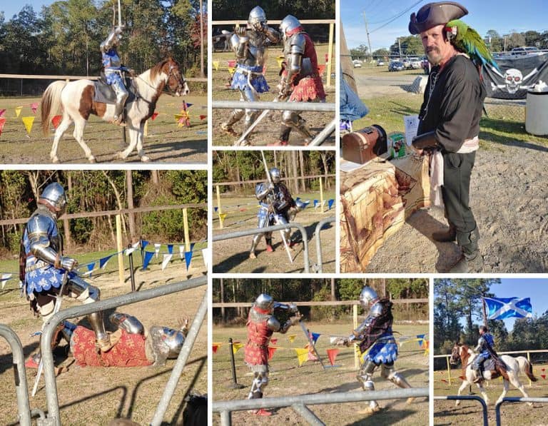 Medieval knights in armor participating in a jousting tournament at the Gulf Coast Renaissance Faire.