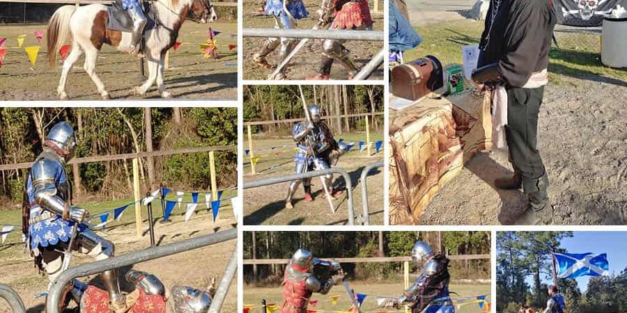 Medieval knights in armor participating in a jousting tournament at the Gulf Coast Renaissance Faire.
