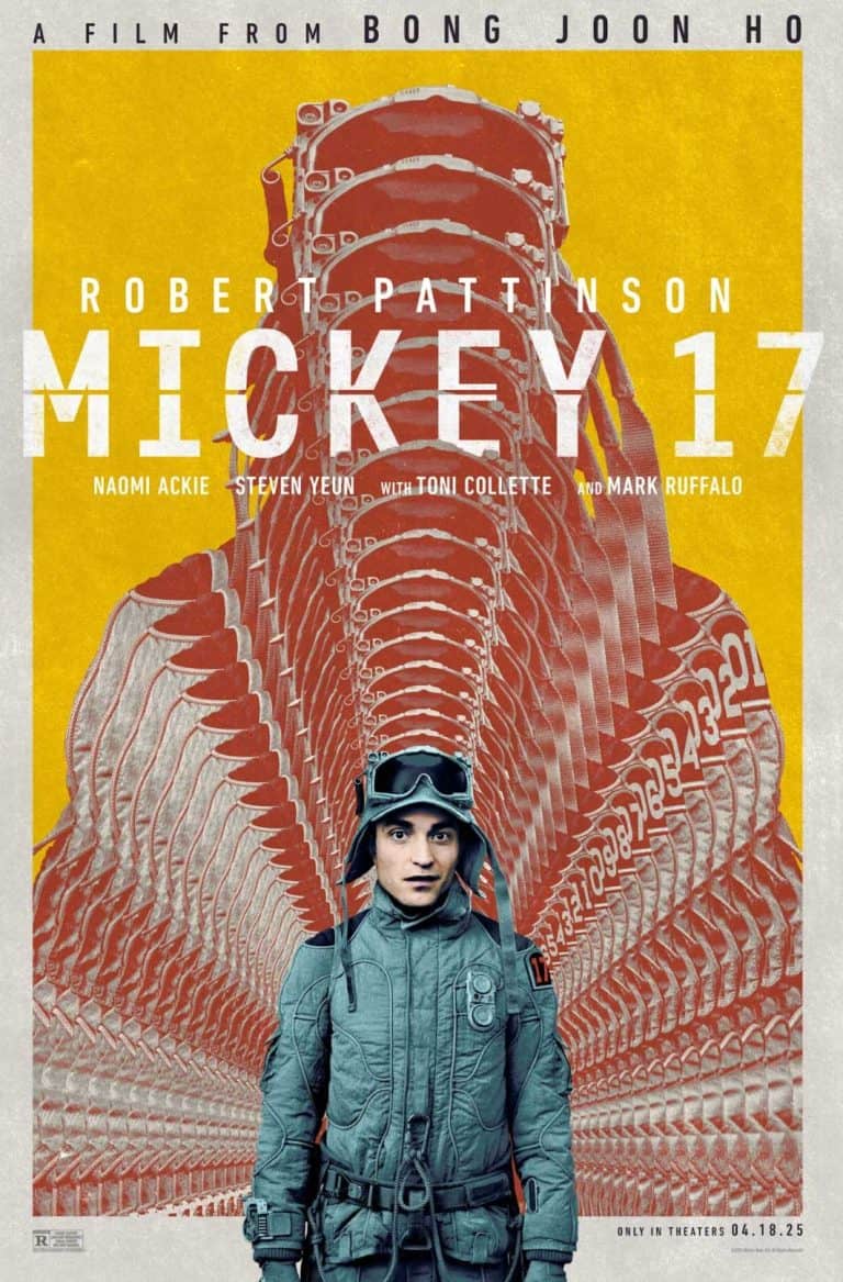 Movie poster for Mickey 17 featuring Robert Pattinson and a futuristic background.