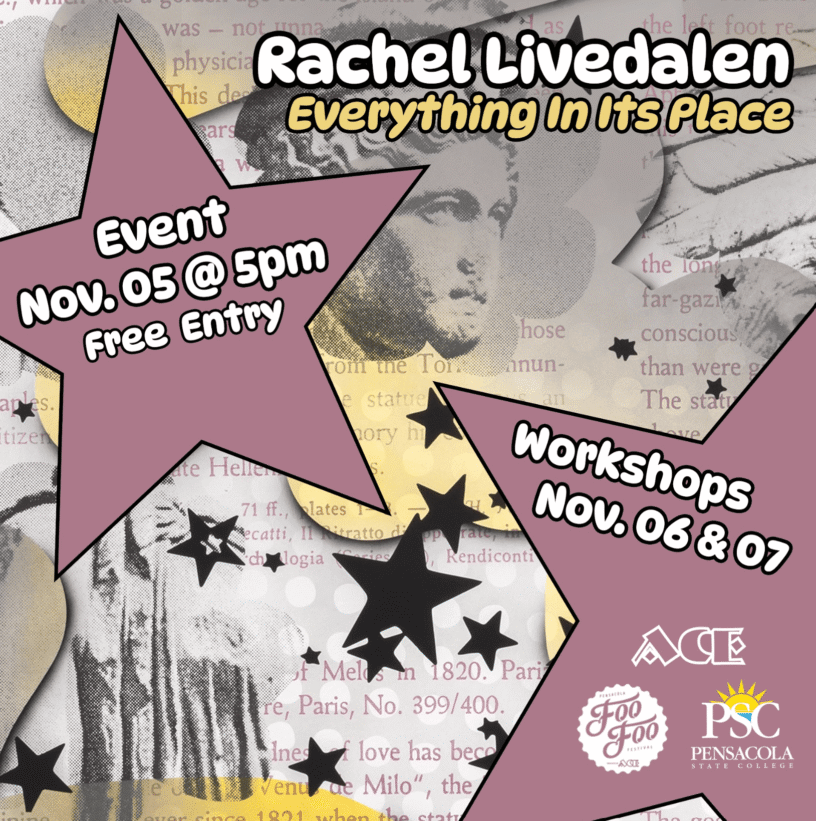 Promotional poster for Rachel Livedalen's art exhibition at PSC, featuring stars and event details.