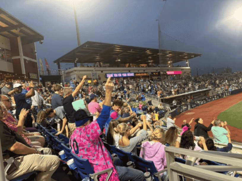 Fan crowd enjoying a game at Blue Wahoos Stadium during evening hours.