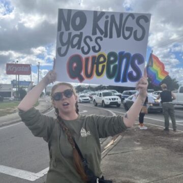 No Kings. No Dictators. No Kings. No Dictators.