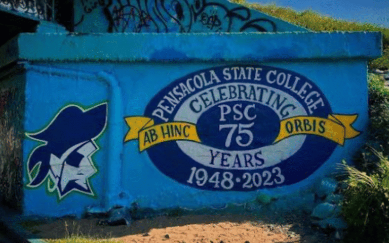 Mural celebrating 75 years of Pensacola State College, featuring the college logo and mascot.