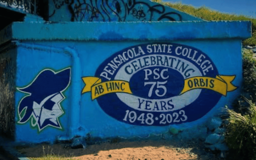 Mural celebrating 75 years of Pensacola State College, featuring the college logo and mascot.