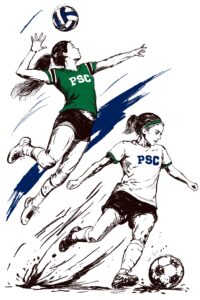 Illustration of PSC women athletes playing volleyball and soccer