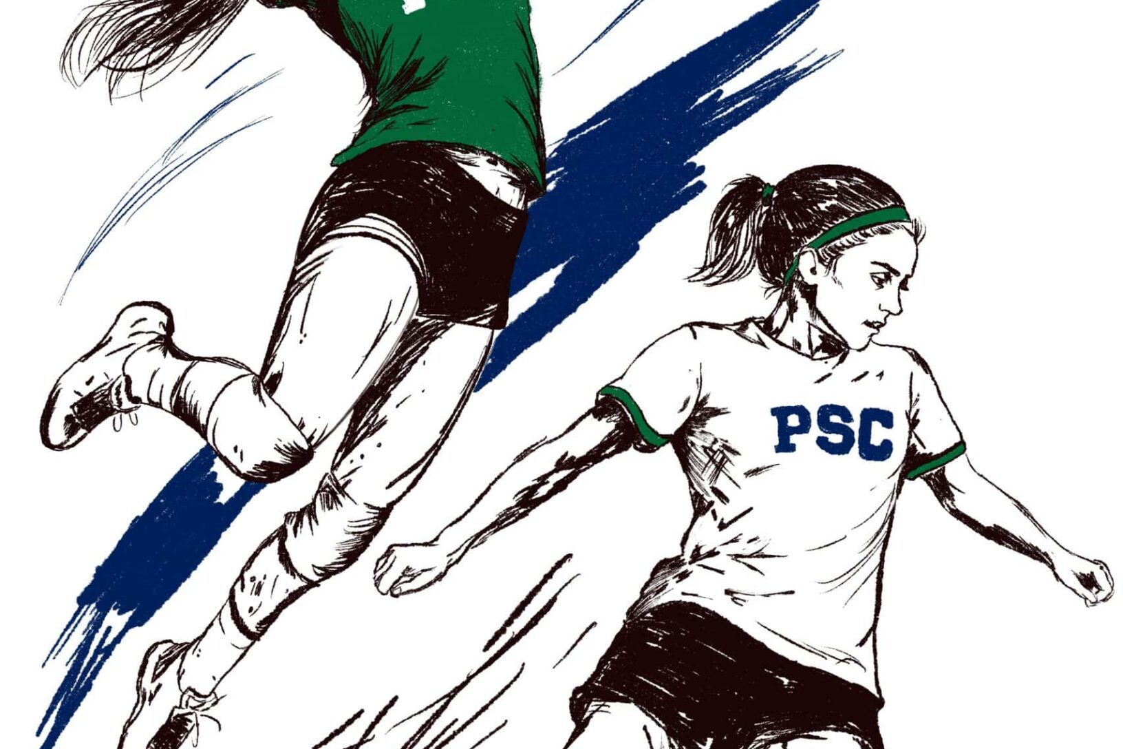 Illustration of PSC women athletes playing volleyball and soccer